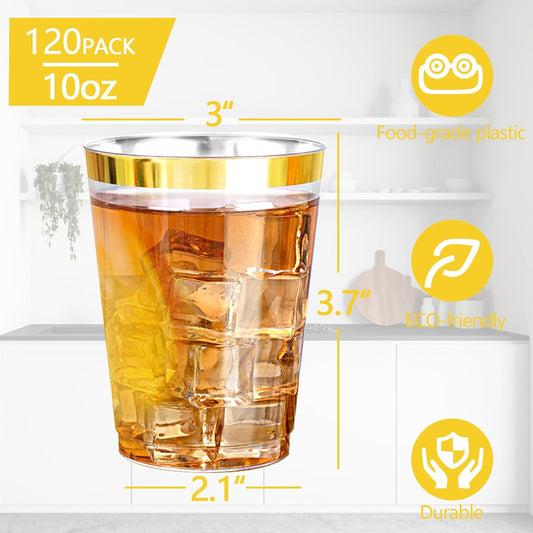 Ciaell 120PCS Gold Plastic Cups - 10Oz Heavy Duty Clear Plastic Cups with Gold Rim - Gold Rim Disposable Cups for Wedding, Birthday & Party