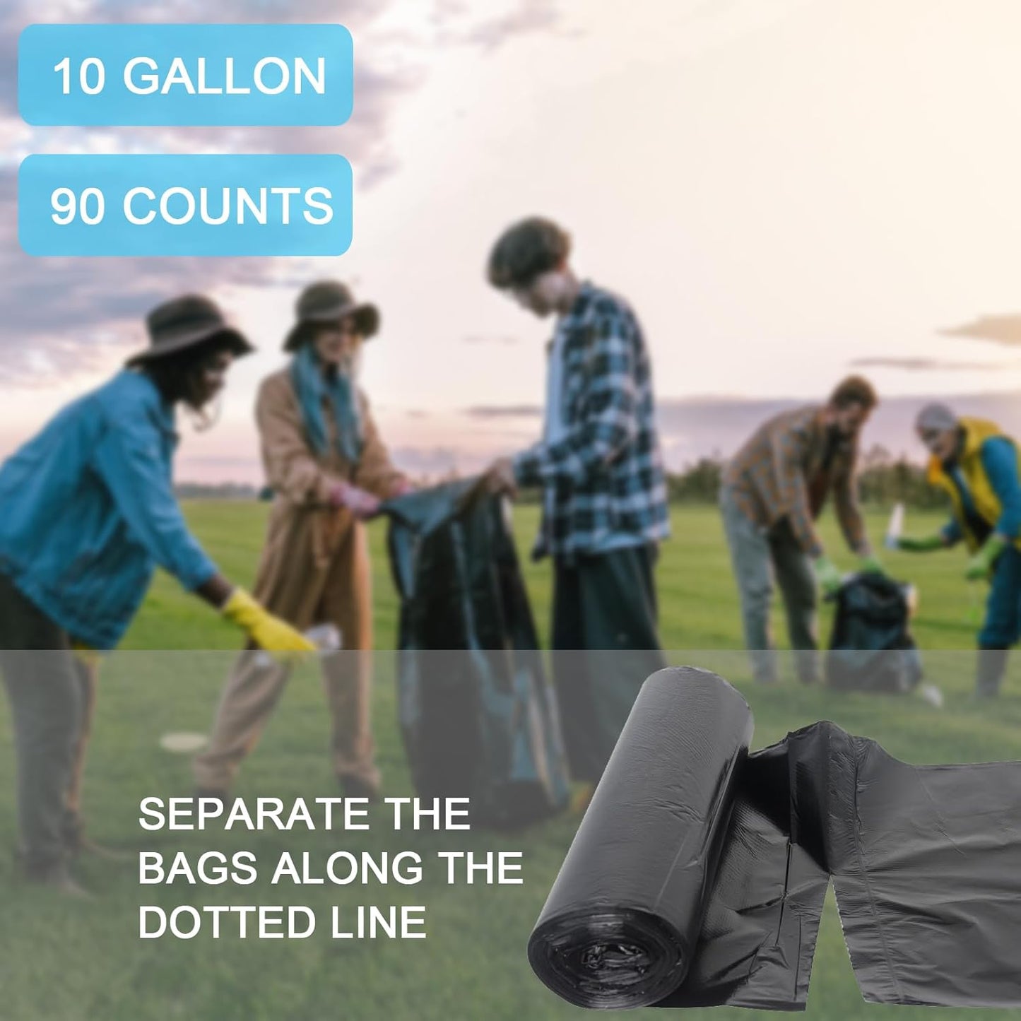 10 Gallon Black Trash Bags, 18 Micron Thick Garbage Bags for Office Kitchen, 90 Count