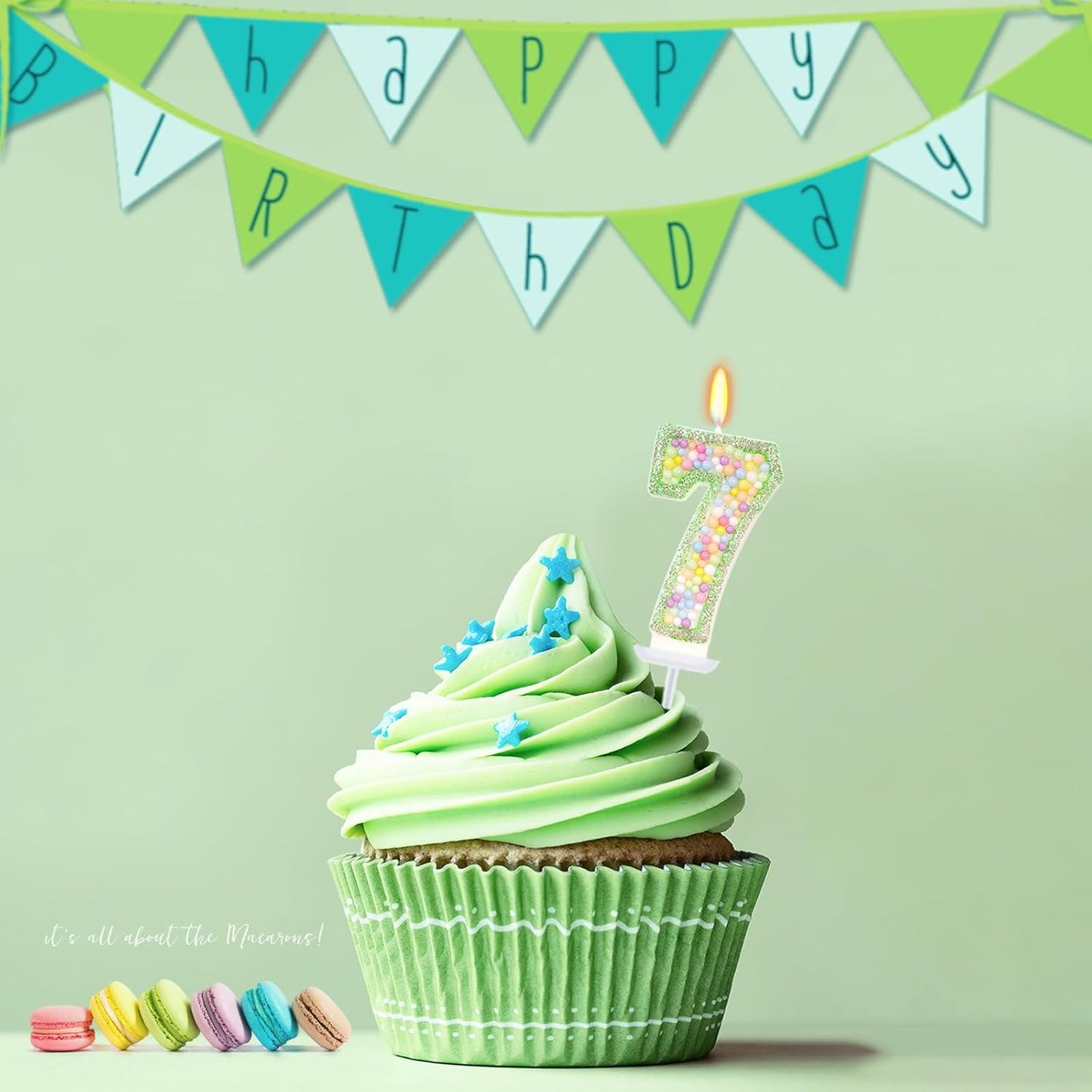 Birthday Candles - Number 7 Candle, Colorful Macaron Candles for Boys/Girls, Green Cake Decorations, Dinosaur Themed Party Supplies