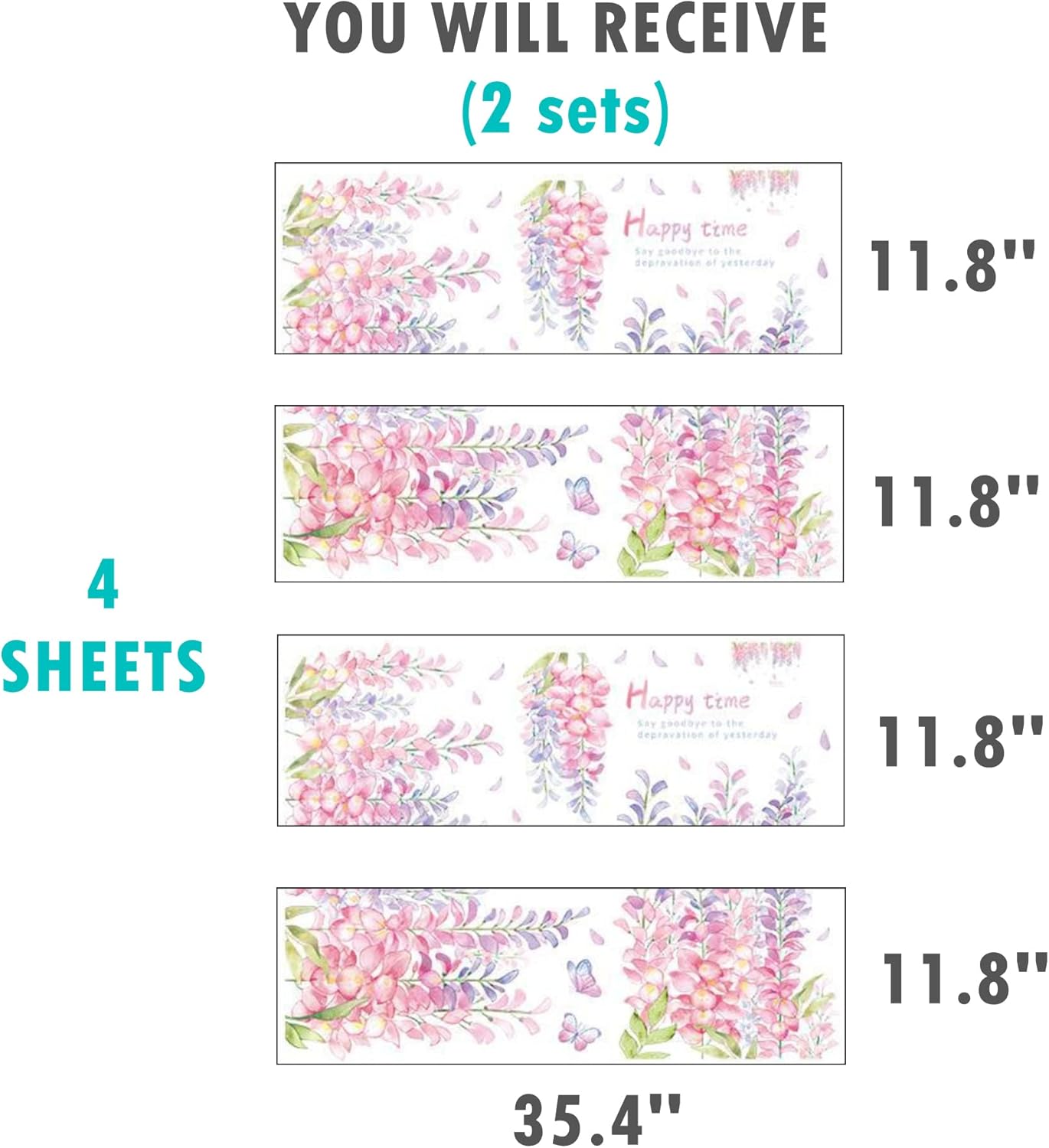 ROFARSO 4 Sheets Hanging Wisteria Flower Leaves Wall Stickers Removable PVC Wall Decals Peel and Stick Wall Art Decorations Decor for Bedroom Living Room Murals (2 Sets)