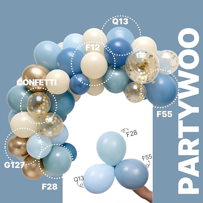 PartyWoo Dusty Blue Balloons 65pcs 12 Inch Light Baby Slate Blue Off White Sand Metallic Gold Boho Confetti Balloons for Graduation Boy Baby Shower Gender Reveal Birthday Wedding Party Decorations