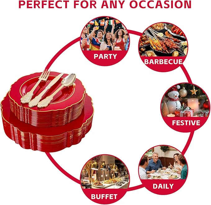Liacere 175PCS Red Plastic Plates - Red Disposable Plates With Gold Rim -25Guest Baroque Plastic Dinnerware include 50Plates-25Pack Pre Rolled Napkins with Silverware 25Cups for Wedding&Party