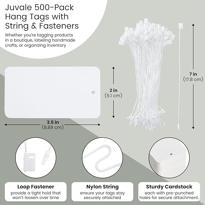 Blank Hang Tags with String & Fasteners – 2 x 3.5 in Cardstock Paper Tags for Labeling, Pricing, and Gifting, Perfect for Crafts, Retail, and Events – 500-Pack for Easy Organization