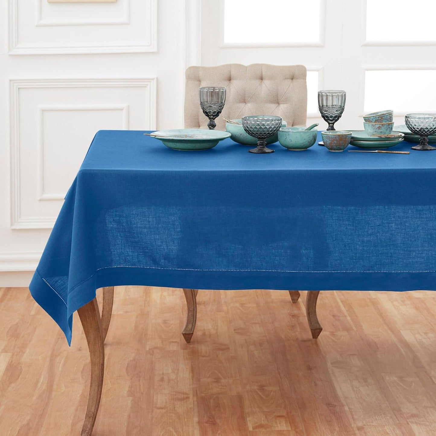 Solino Home Linen Indigo Blue Tablecloth 60 x 144 Inch - Classic Hemstitch, 100% Pure Linen Rectangular Tablecloth - Machine Washable Table Cloth for Fall, Autumn