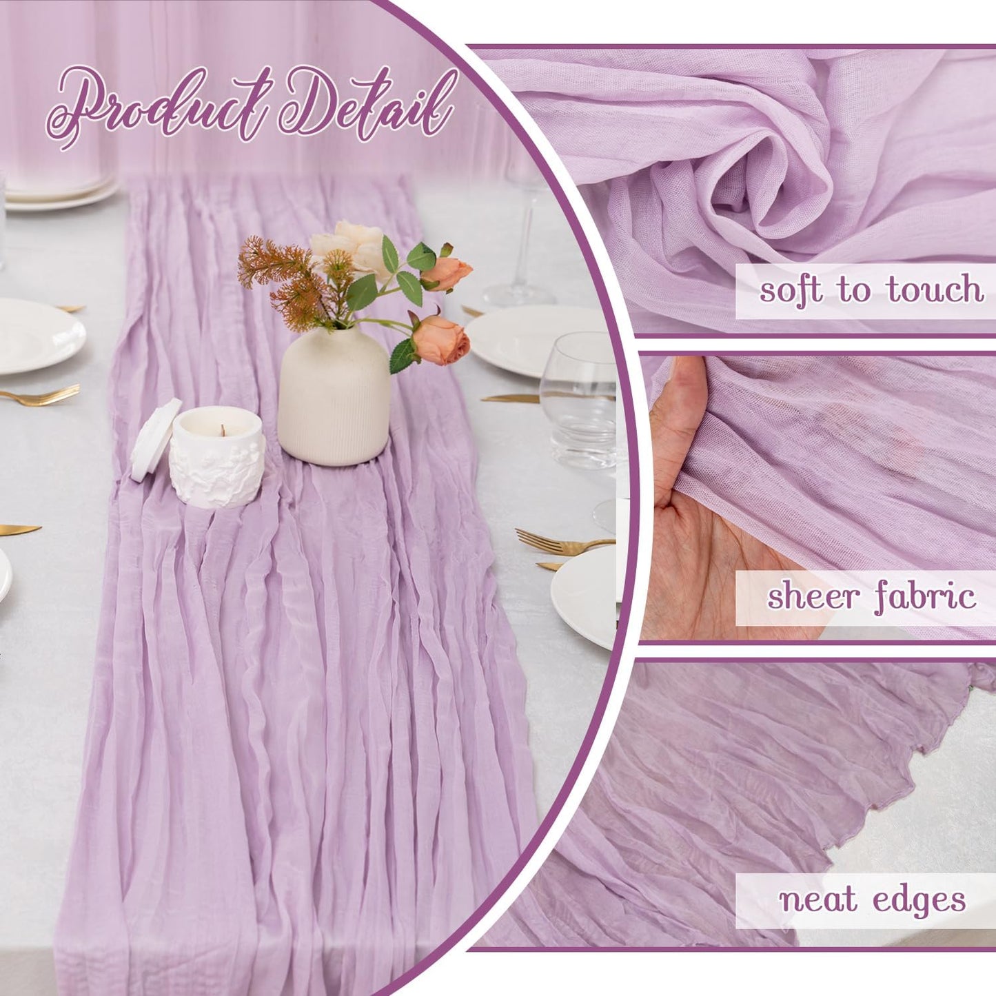 6 Pack Lilac Purple Cheesecloth Table Runner 35x120 Inch Boho Gauze Table Runner, Rustic Sheer Cheese Cloth Fabric Table Runners for Parties, Baby Shower, Birthday and Weddings