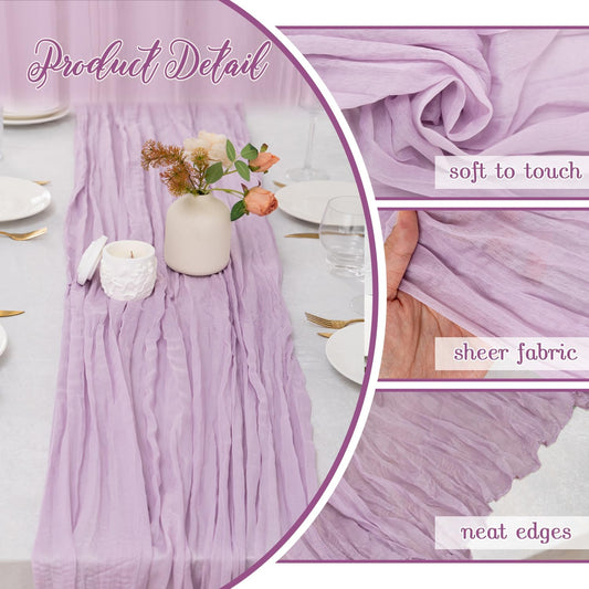 6 Pack Lilac Purple Cheesecloth Table Runner 35x120 Inch Boho Gauze Table Runner, Rustic Sheer Cheese Cloth Fabric Table Runners for Parties, Baby Shower, Birthday and Weddings