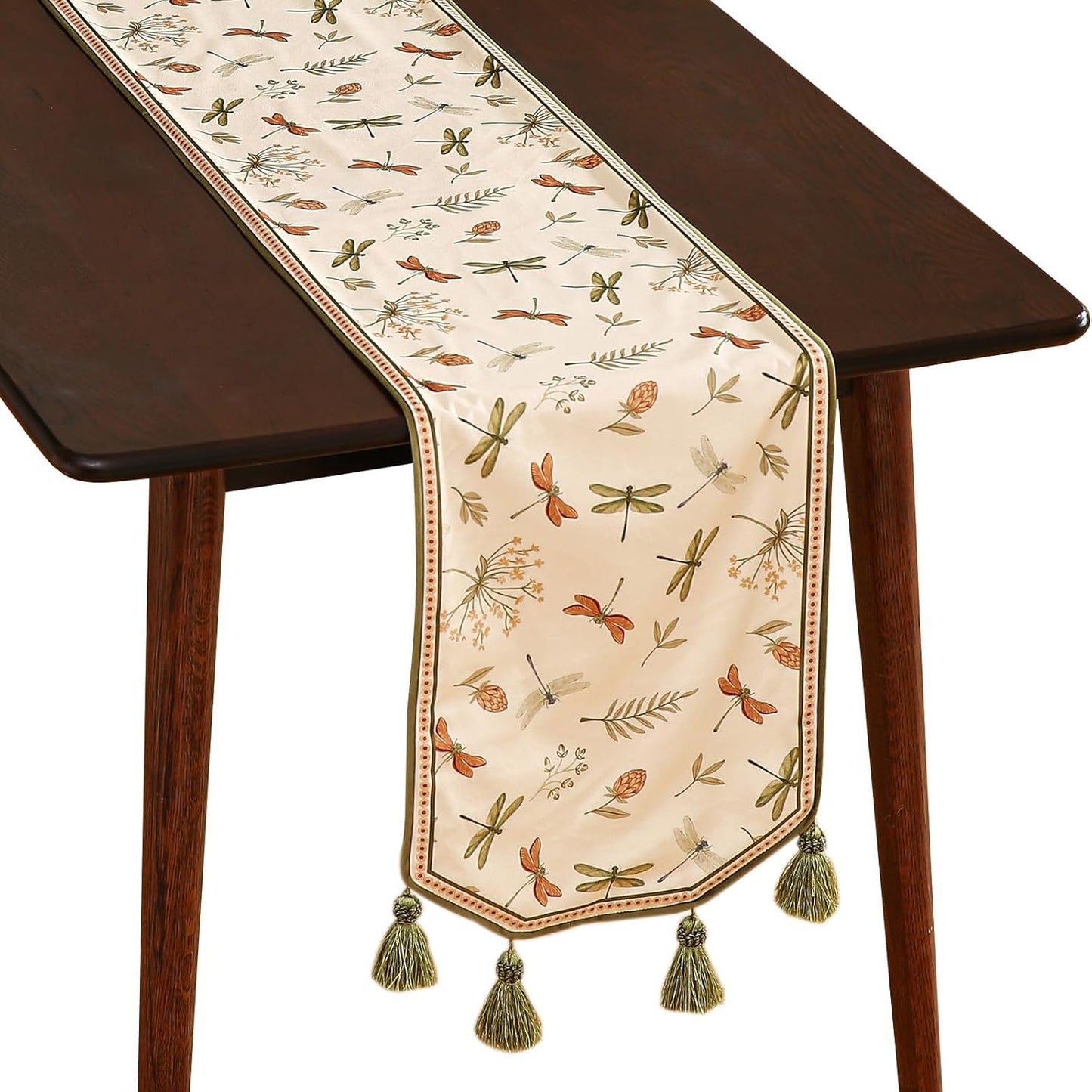 ISAENNE Designer Ivory White Velvet Extra Long Table Runner 118 Inches,Farmhouse Dragonfly and Floral Pattern Table Runners for Dining Tables,Thanksgiving,Kitchen Tables,Christmas,12"*118"-Grace B