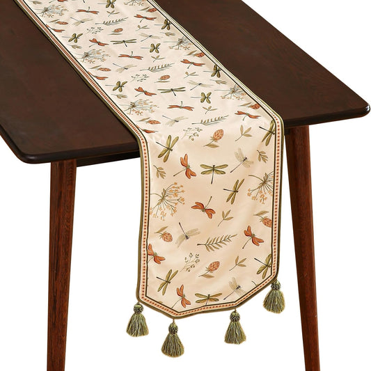 ISAENNE Designer Ivory White Velvet Extra Long Table Runner 118 Inches,Farmhouse Dragonfly and Floral Pattern Table Runners for Dining Tables,Thanksgiving,Kitchen Tables,Christmas,12"*118"-Grace B