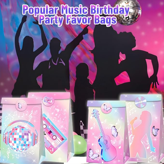Inshinern Popular Singer Party Favors Bag Pink-Purple Decorations Pop Music Goodie Treat Bags 2 Styles Paper Gift Bag for Musical Theme Birthday Party,Graduations,Weddings,Bridal Baby Shower (12 Pcs)