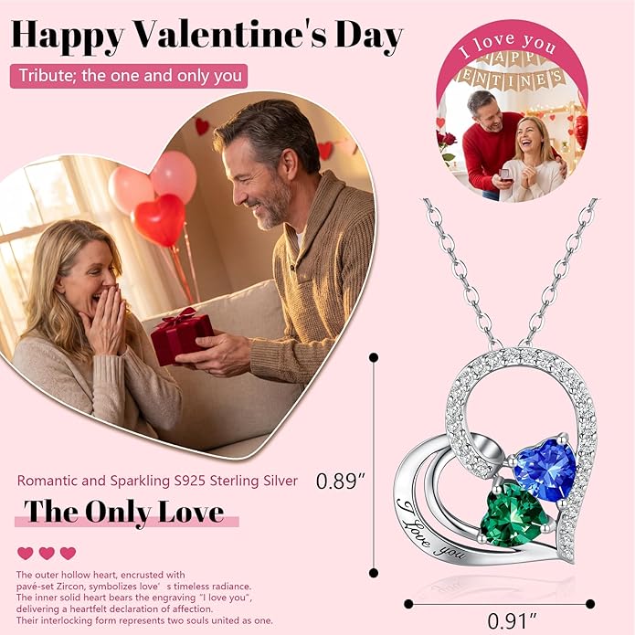 Double Birthstone Heart Necklace 0.8CT Dual-Gemstone S925 Sterling Silver Plated White Gold Engraved I Love You Perfect Anniversary/Valentine's Day Gift for Wife/Girlfriend/Mom/Daughter