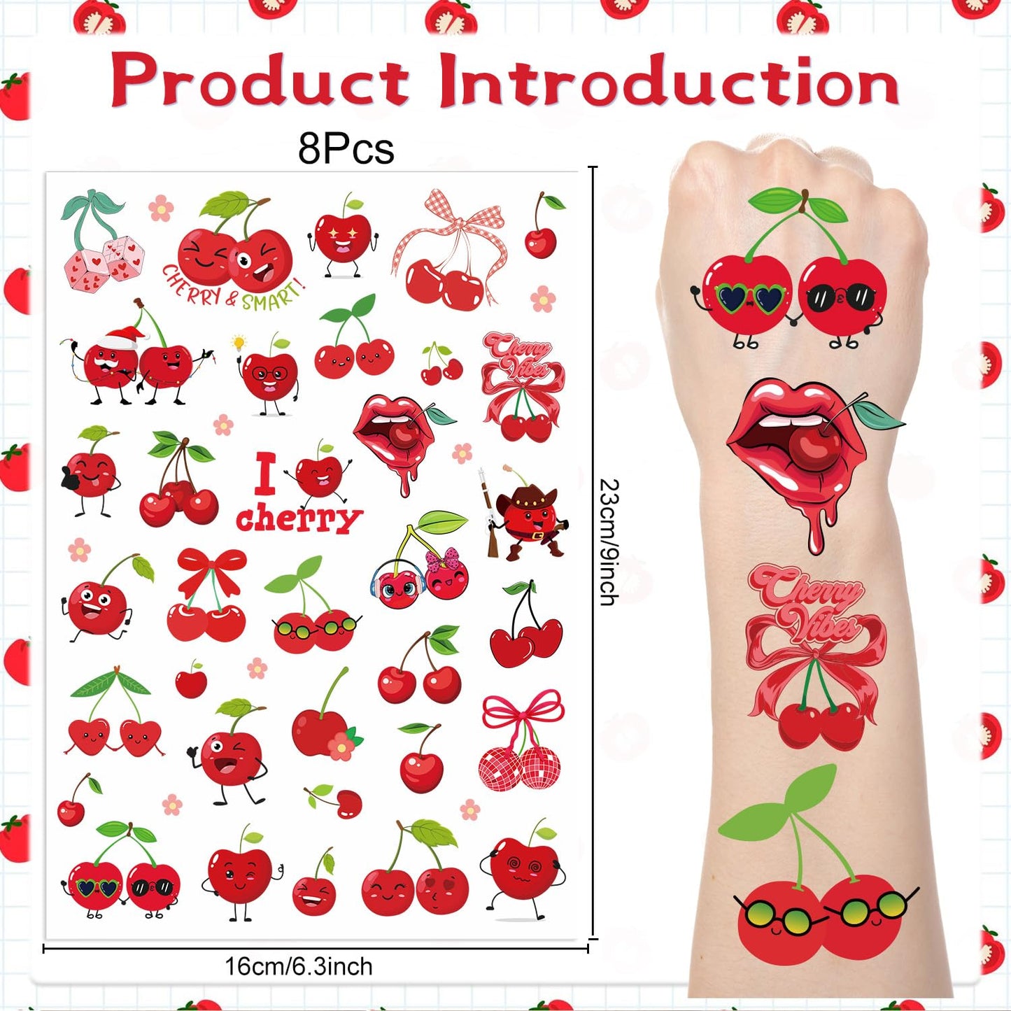 Cherry Temporary Tattoos Stickers - 200+ Cherry Birthday Decorations Cute Red Cherries Fake Tattoo Gifts for Kids Girls Funny Fruit Themed Party Favors Supplies Women Men Prizes Rewards