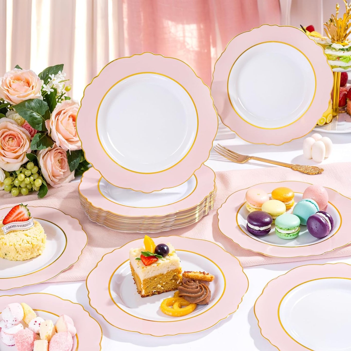 WDF 60pcs Pink Dessert Plates - 7.5inch Baroque Pink &White Disposable Dessert/Appetizer Small Cute Cake Plates for Upscale Parties &Wedding-Special for Bridal Shower, Brithday, Baby Shower