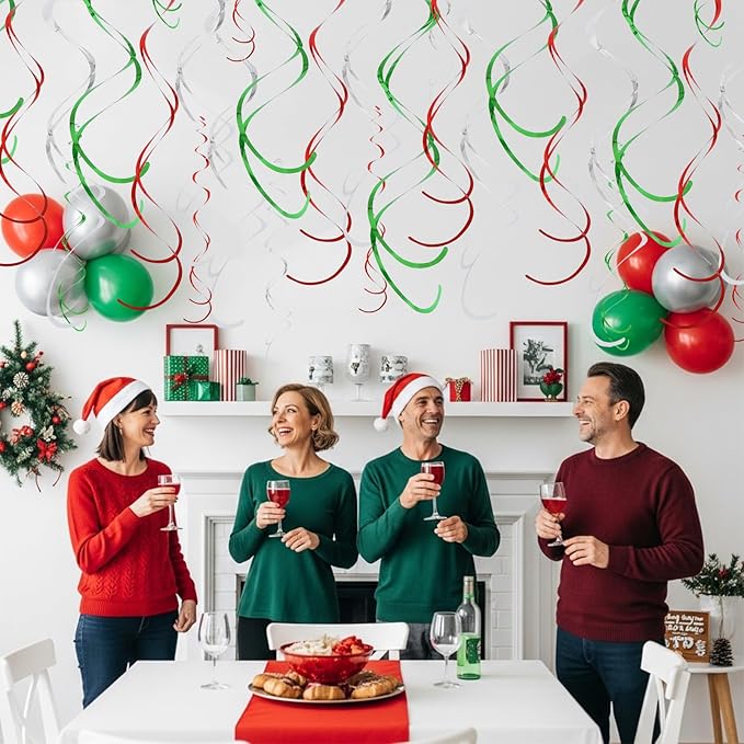 BEISHIDA Red Green Silver Hanging Swirls Party Decorations Plastic Streamer for Christmas Hanging Ornament Decorations, Christmas Wedding Graduation Party Supplies, Pack of 24