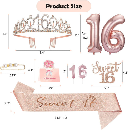 Sweet 16 Birthday Party Decorations for Girls, Sweet 16 Sash and Tiara, Cake Toppers, Number Candles and Balloons, 16th Birthday Gifts for Girls
