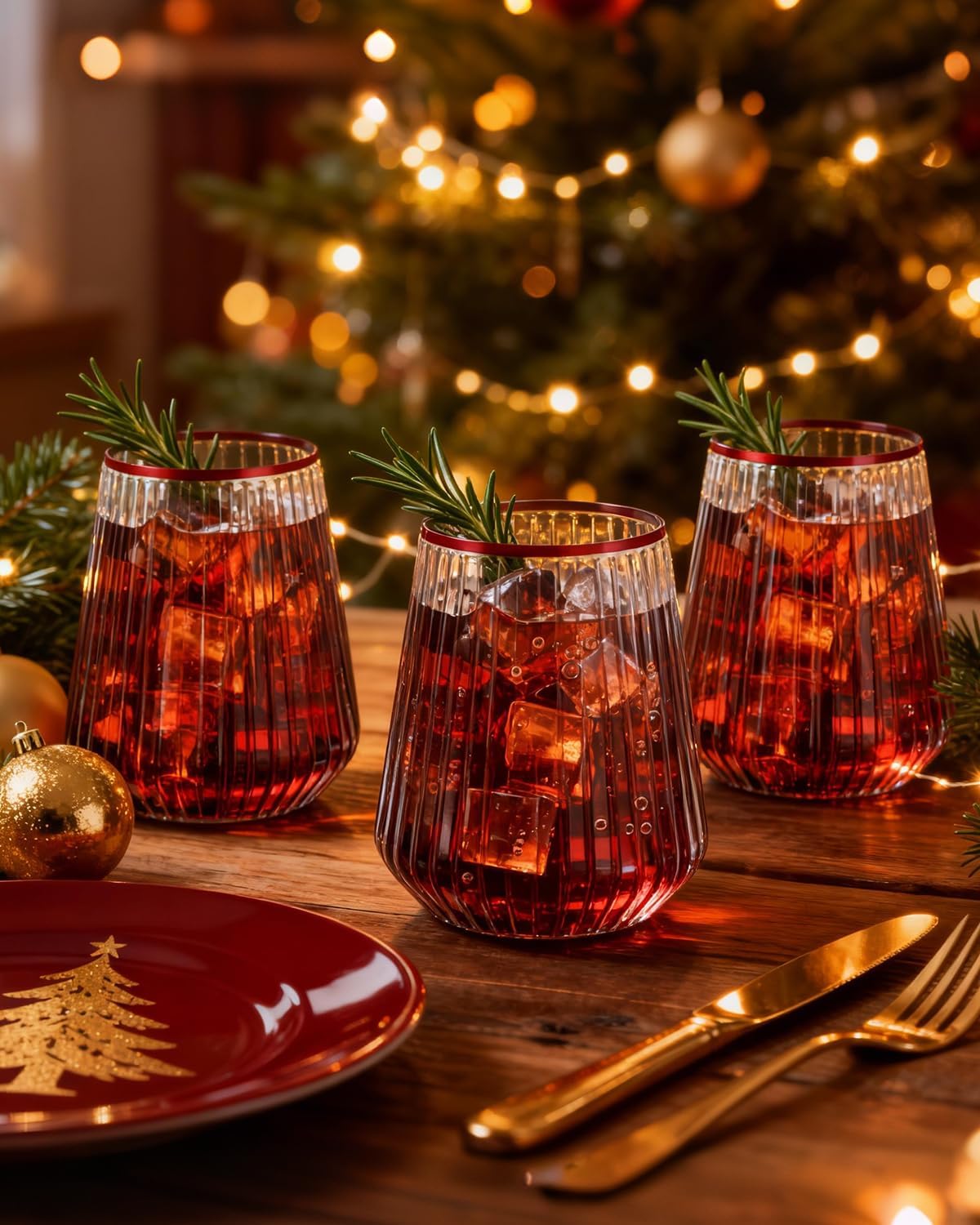 36 Pcs 12 oz Plastic Clear Red Rim Ribbed Wine Glasses, Disposable & Reusable Champagne Glasses Elegant Whiskey Glasses Ideal for Weddings, Bars, Christmas, Holidays, Pool Party, Daily Use