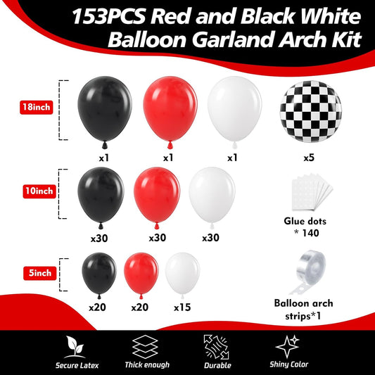 153Pcs Race Car Balloon Garland Arch Kit - Red and Black White Checkered Balloon Arch Kit 18 10 5 Inch Different Size Balloons for Racing Car Two Fast 2nd Theme Birthday Party Decorations