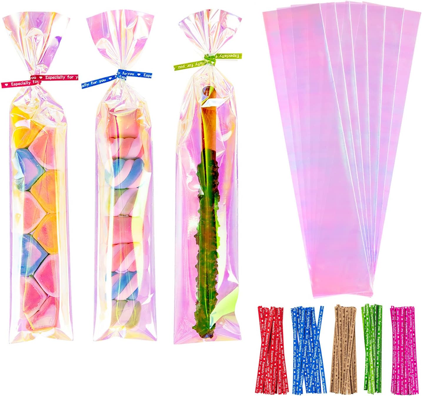 Cellophane Treat Bags, 2x10 Inch Iridescent Holographic Pretzel Bags With Twist Ties, Chocolate, Cookies (Pack of 100)
