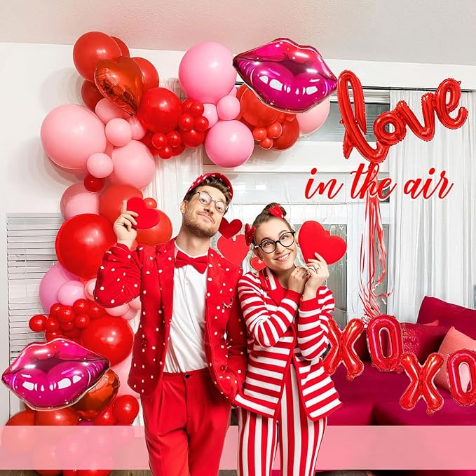 Red Pink balloon garland arch kit 125pcs with Bow and arrow XXOO lip heart shaped balloons for Girls Galentines Valentine's Day Wedding Bachelorette Engagement Anniversary Party decorations (Red Pink)