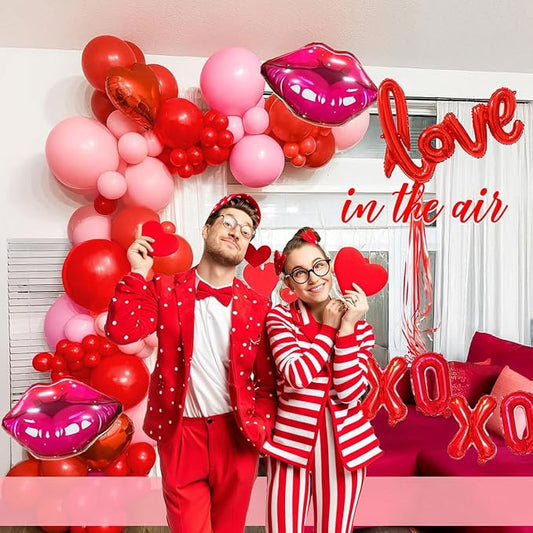 Red Pink balloon garland arch kit 125pcs with Bow and arrow XXOO lip heart shaped balloons for Girls Galentines Valentine's Day Wedding Bachelorette Engagement Anniversary Party decorations (Red Pink)