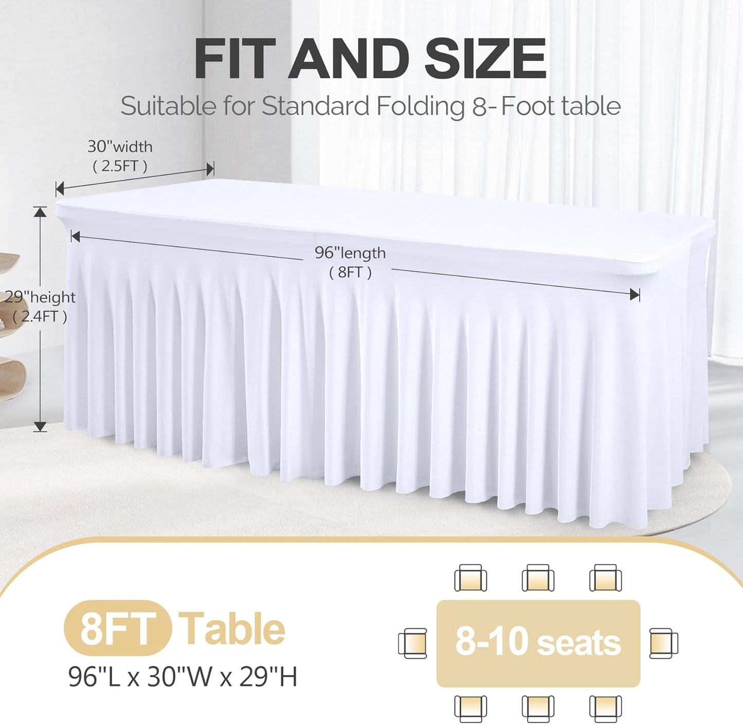 PARTISKY White Spandex Tablecloth for 8ft Rectangle Tables, Stretchable Table Cover Skirt for Folding Tables Weddings Parties Banquets Events Trade Shows and Dessert Table