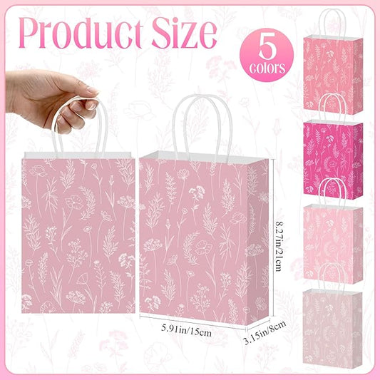 Kolldenn 50 Pcs Pink Wildflower Gift Bags with Handles Paper Floral Goodie Welcome Bag for Wedding Guest Baby Shower Bridal Birthday Party Favor, 5.91 x 3.15 x 8.27 Inches