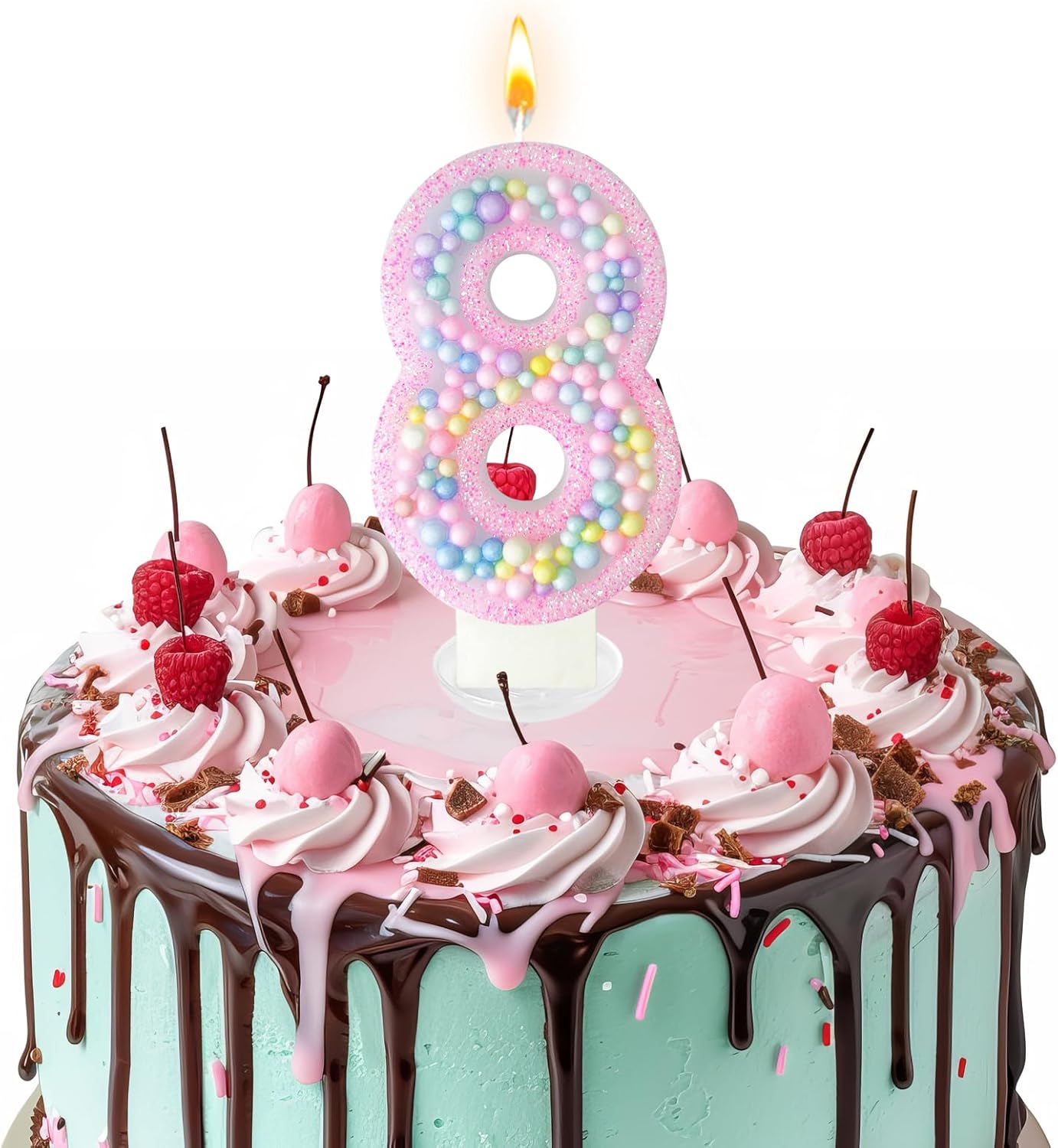 Zlongron Birthday Number Candles, Handmade Macaron 3D Flash Number 8 Candle, Suitable for Girls and Boys' Birthdays, Weddings, Anniversaries, Theme Party Cake Decorations