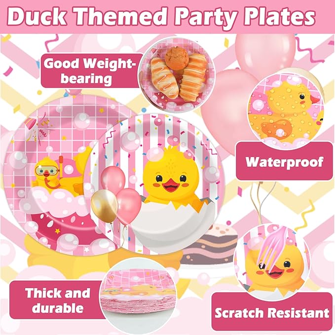 96Pcs Duck Birthday Party Supplies Pink Rubber Duck Paper Plates Napkins Duck Party Decorations Duck Themed Dinnerware Party Favor Girl Birthday Baby Shower Party Tableware Serves 24