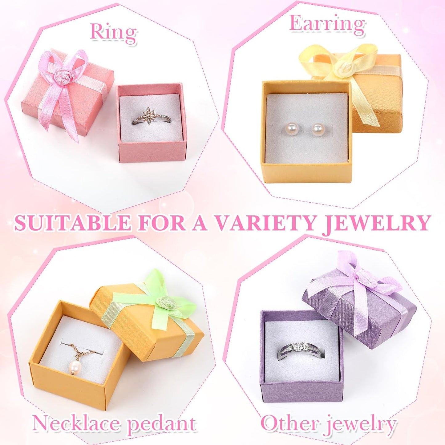 72 Pcs Ring Boxes 1.6 x 1.6 In Hard Cardboard Jewelry Box with Ribbon Bow Small Jewelry Gift Cases for Small Business(Rose Color)