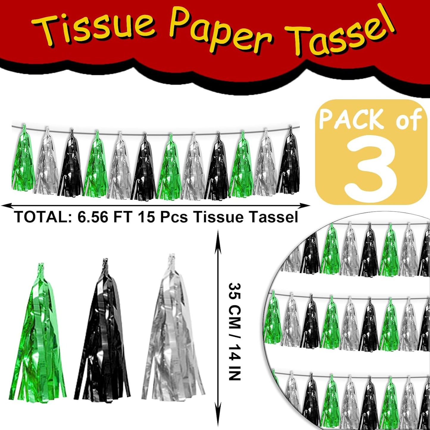 3P Black Silver Green Tassel Banner Garland Metallic Foil Fringe Banner Tinsel Tassels Streamer Banner Backdrop for Parade Floats, Graduation Decorations, Halloween, Christmas Decorations