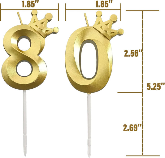 The Number 80 Gold Birthday Candles for Cake is Beautiful Number Candles for 80th Birthday Decorations for Man and Women(Gold-80, Crown)