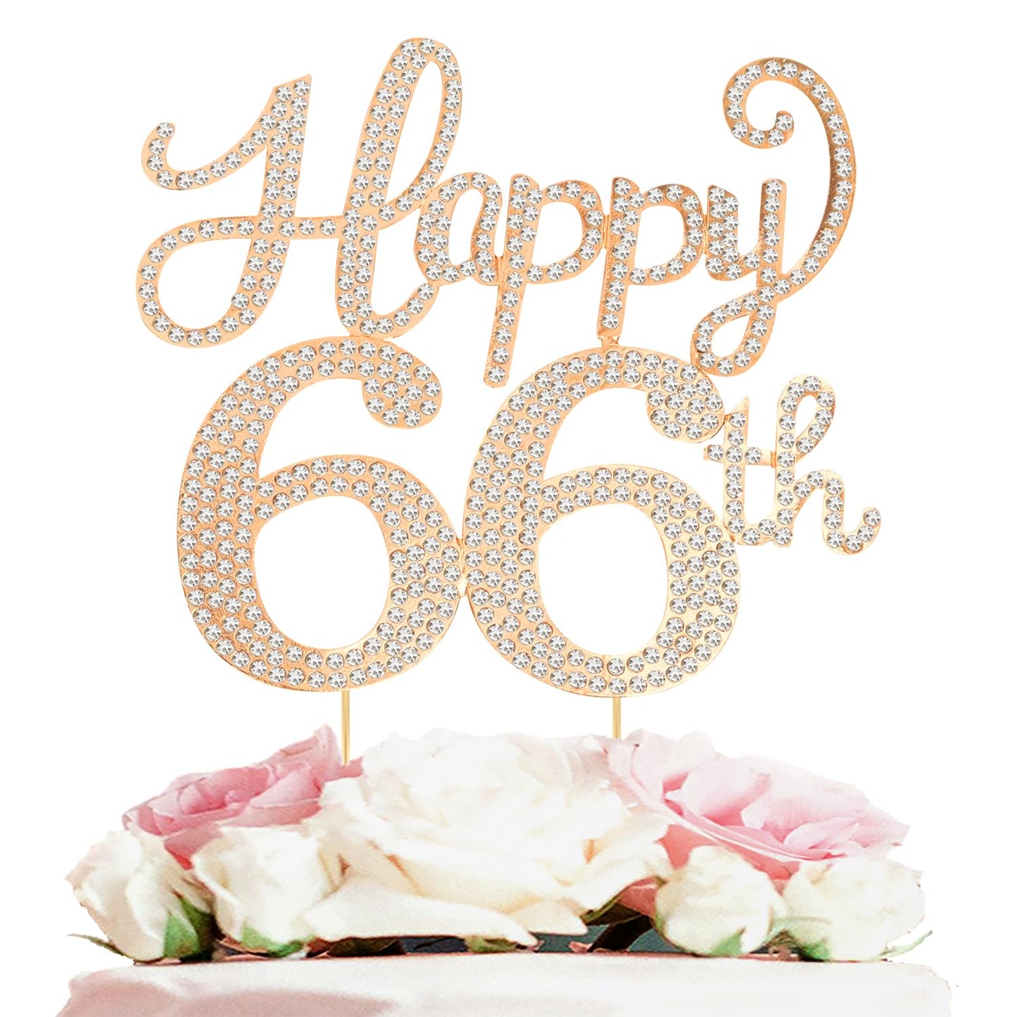 Happy 66th Birthday Decorations,66th Birthday Gold Rhinestone Cake Topper - Cheers to 66 Years Old Bday Party Metal Sparkly Cake Centerpieces Sign.