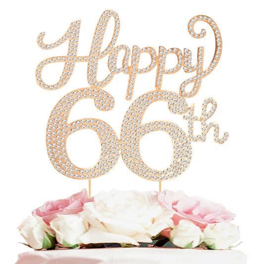 Happy 66th Birthday Decorations,66th Birthday Gold Rhinestone Cake Topper - Cheers to 66 Years Old Bday Party Metal Sparkly Cake Centerpieces Sign.