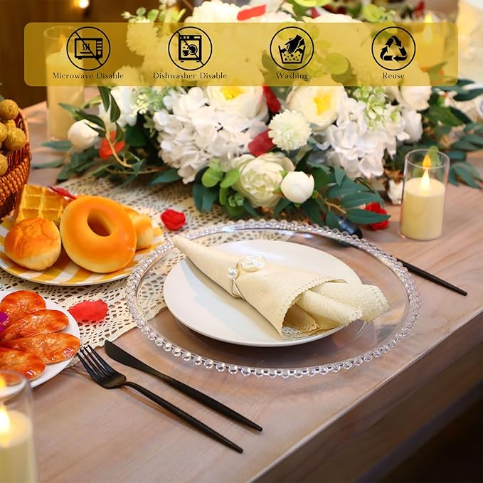 Tioncy 12 Set Clear Charger Plates with Napkin Rings 13 Inch Plastic Round Charger Plates with Bead Rim Dinner Table Decor for Christmas Holiday Party Wedding Tabletop Decoration(Rose,Silver)