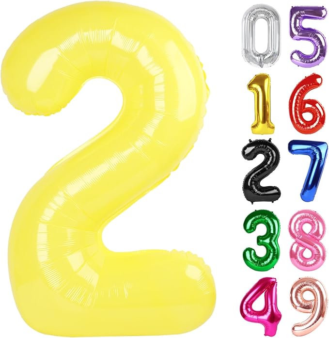 Yellow Number 2 Balloon 40 Inch, 2nd Birthday Decoration for Toddlers Girls Boys, Sparkling 2 Number Balloon Party Decor
