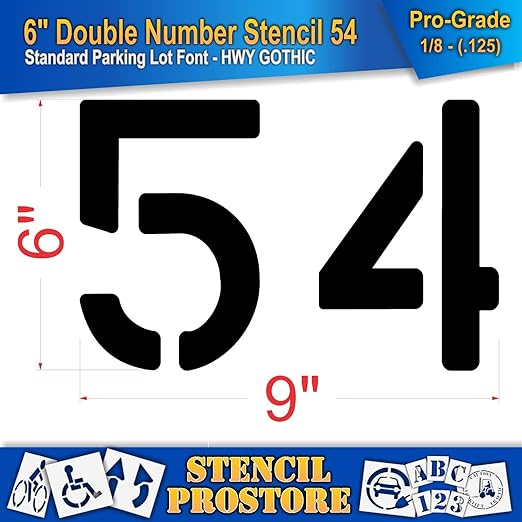 Pavement, Curb, and WheelStop Stencils - 6 inch Double Number Stencil - (54) - 6" x 9" x 1/8" (128 mil) - Pro-Grade