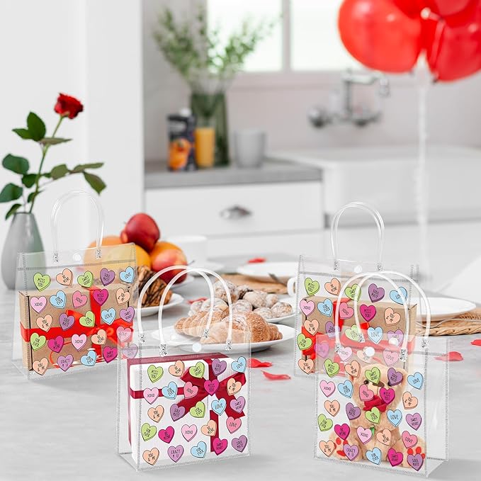 H1vojoxo Valentine's Day Gift Bags - 24PCS Valentine's Day Clear Gift Bags with Handle Clear PVC Valentines Party Favor Bag Plastic Valentine Conversation Heart Candy Treat Goodie Bag for Party Supply