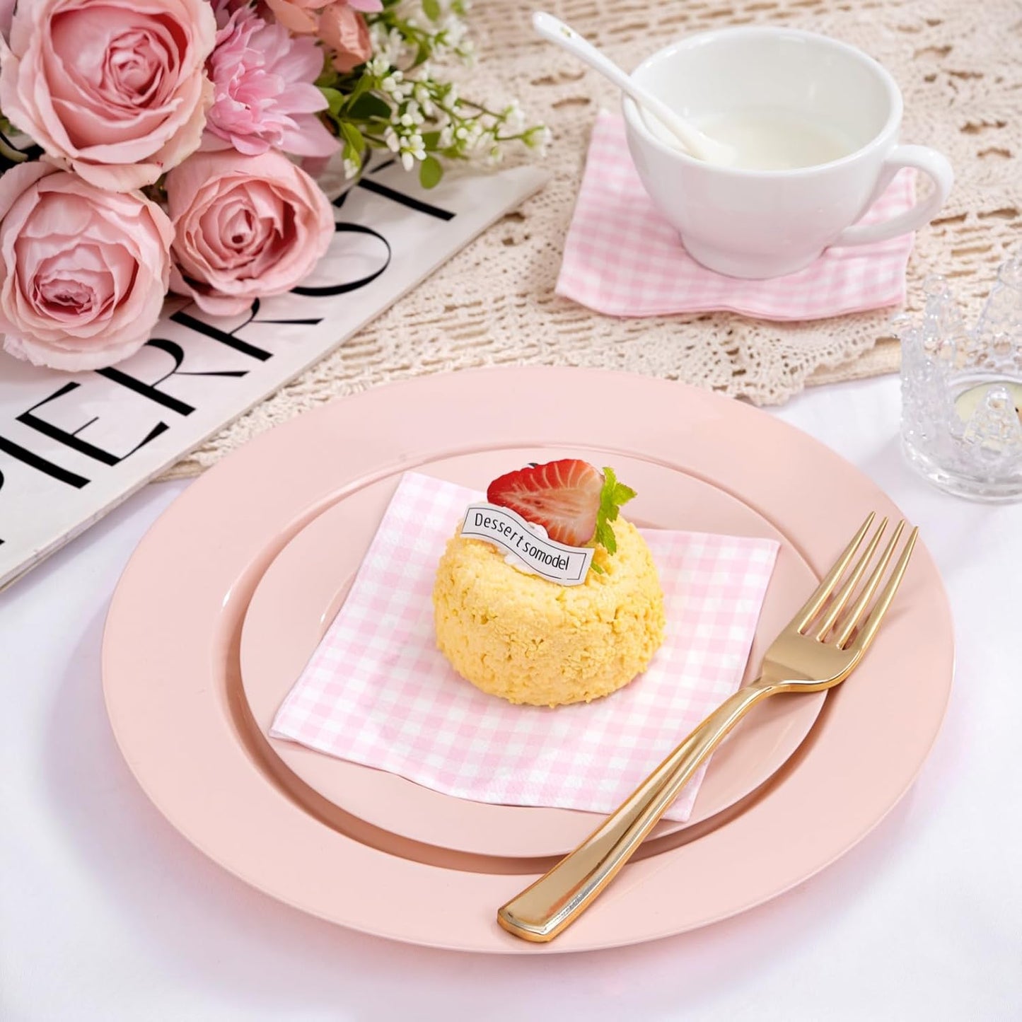 FLOWERCAT 200PCS Pink Plastic Plates Disposable Plates for Party - Heavy Duty Plastic Plates - 100 10" Pink Dinner Plates and 100 7" Pink Salad Plates for Weddings, Easter Parties,Mother's Day