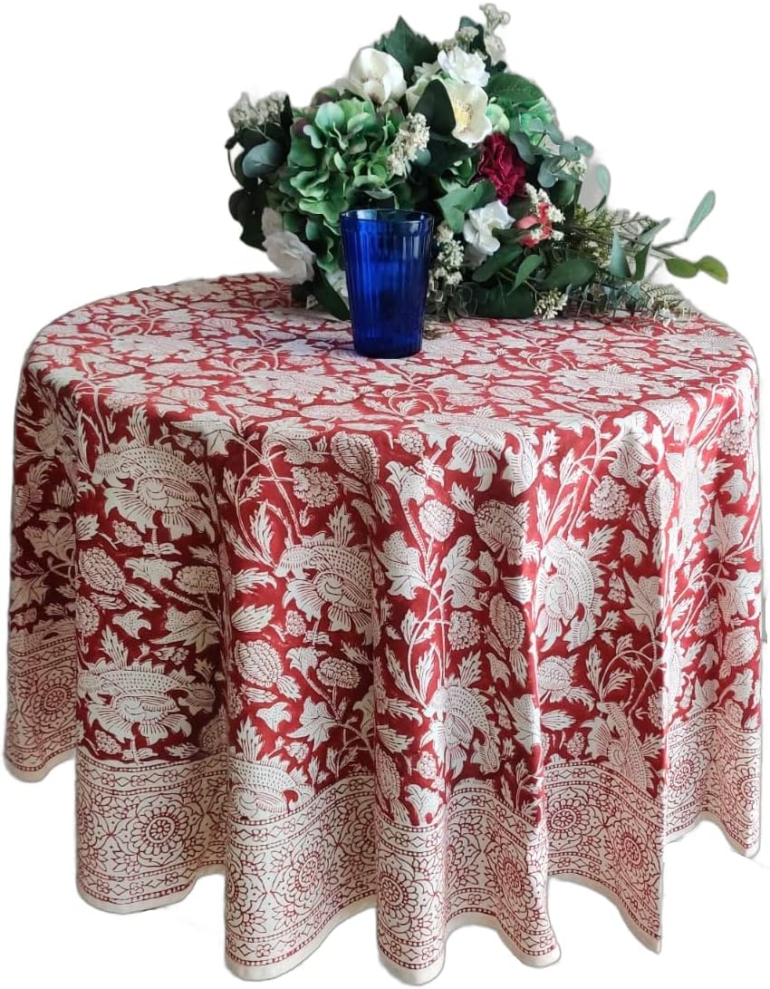 ATOSII Meraki Red 100% Cotton Round Tablecloth, Handblock Print Floral Table Cloth for Kitchen Dining Linen I Parties, Weddings, Outdoors I 90" Inches Round
