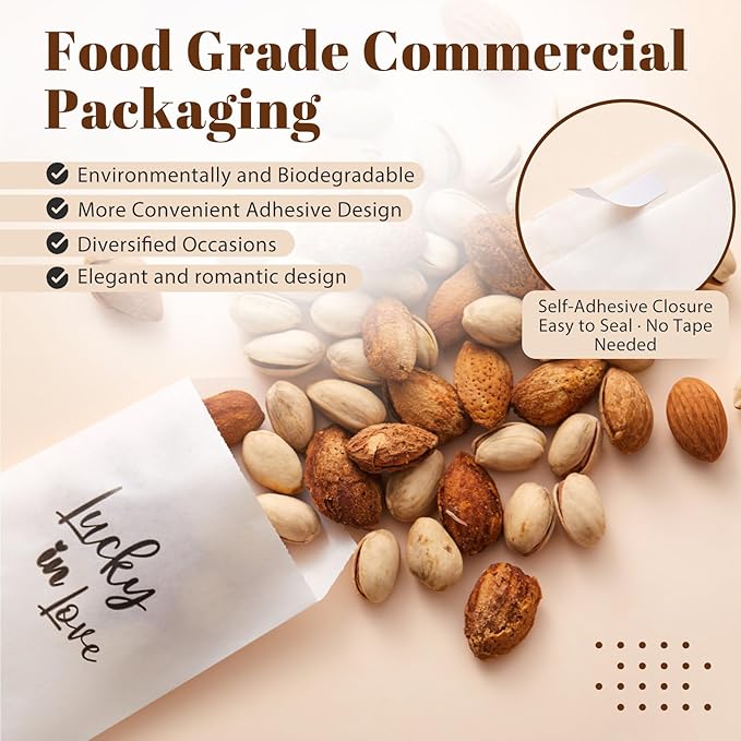 100 Pcs Wedding Confetti Bags, 2.8" x 5" Throw Flower Petal Packets Semi-transparent Glassine Waxed Paper Treat Bags for Wedding Toss, Party Decor(Lucky in Love)