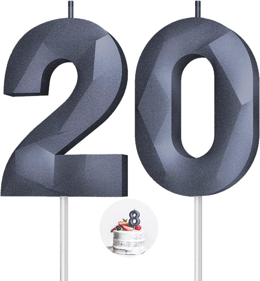 Number Birthday Candles(20 Candle Black) 3D Diamond Shape 20th Happy Birthday Cake Topper Decorations for Boy Men Birthday Wedding Anniversary Celebration Theme Party Supplies