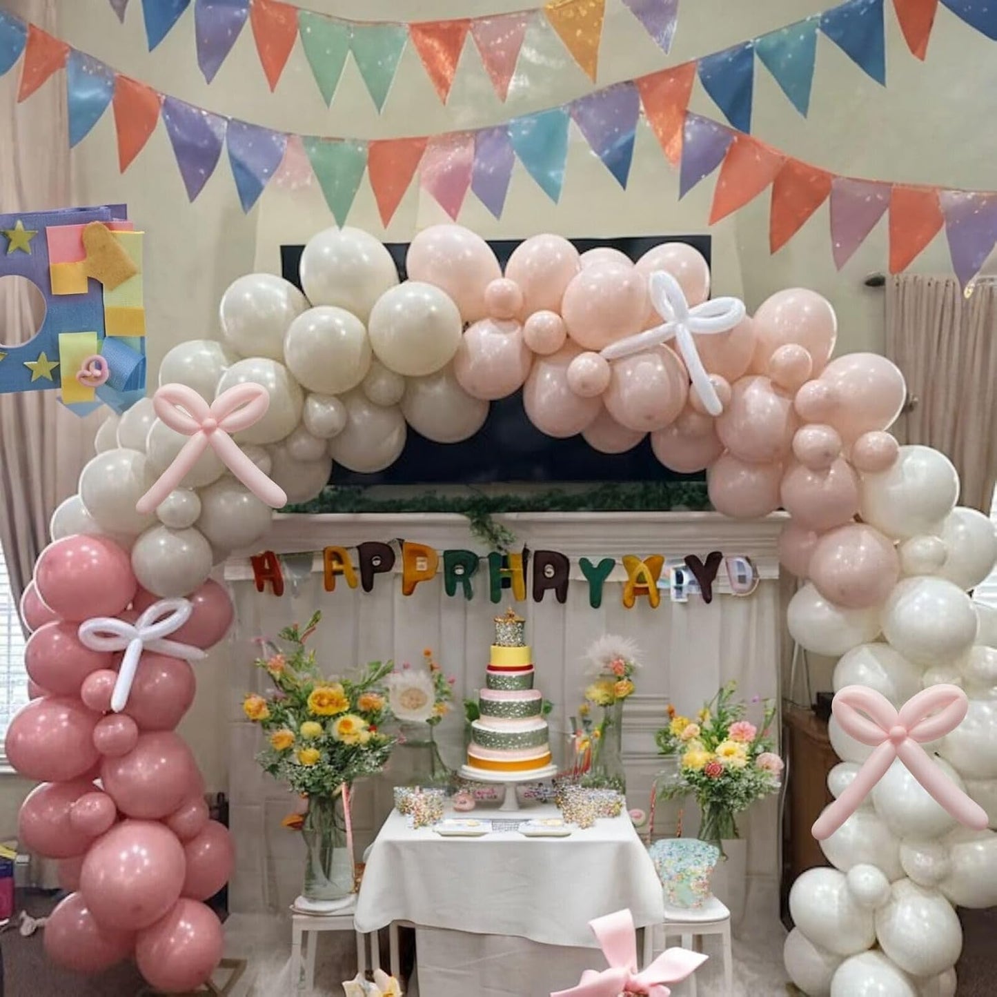 Pink and White Balloons Arch, Dusty Pink Bow Balloons Garland, Blush Beige Cream Latex Balloon, White Long Balloon as Bow Decor for Neutral Boho Birthday Party Baby Shower Bridal Wedding