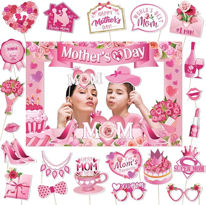 Mothers Day Decorations 23pcs Mothers Day Photo Booth Props and Pink Photo Frame Happy Mothers Day Selfie Props with Sticks for Mother Day Party Supplies