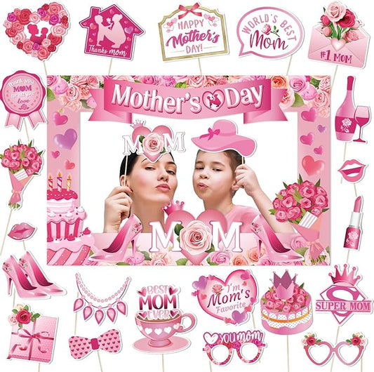 Mothers Day Decorations 23pcs Mothers Day Photo Booth Props and Pink Photo Frame Happy Mothers Day Selfie Props with Sticks for Mother Day Party Supplies