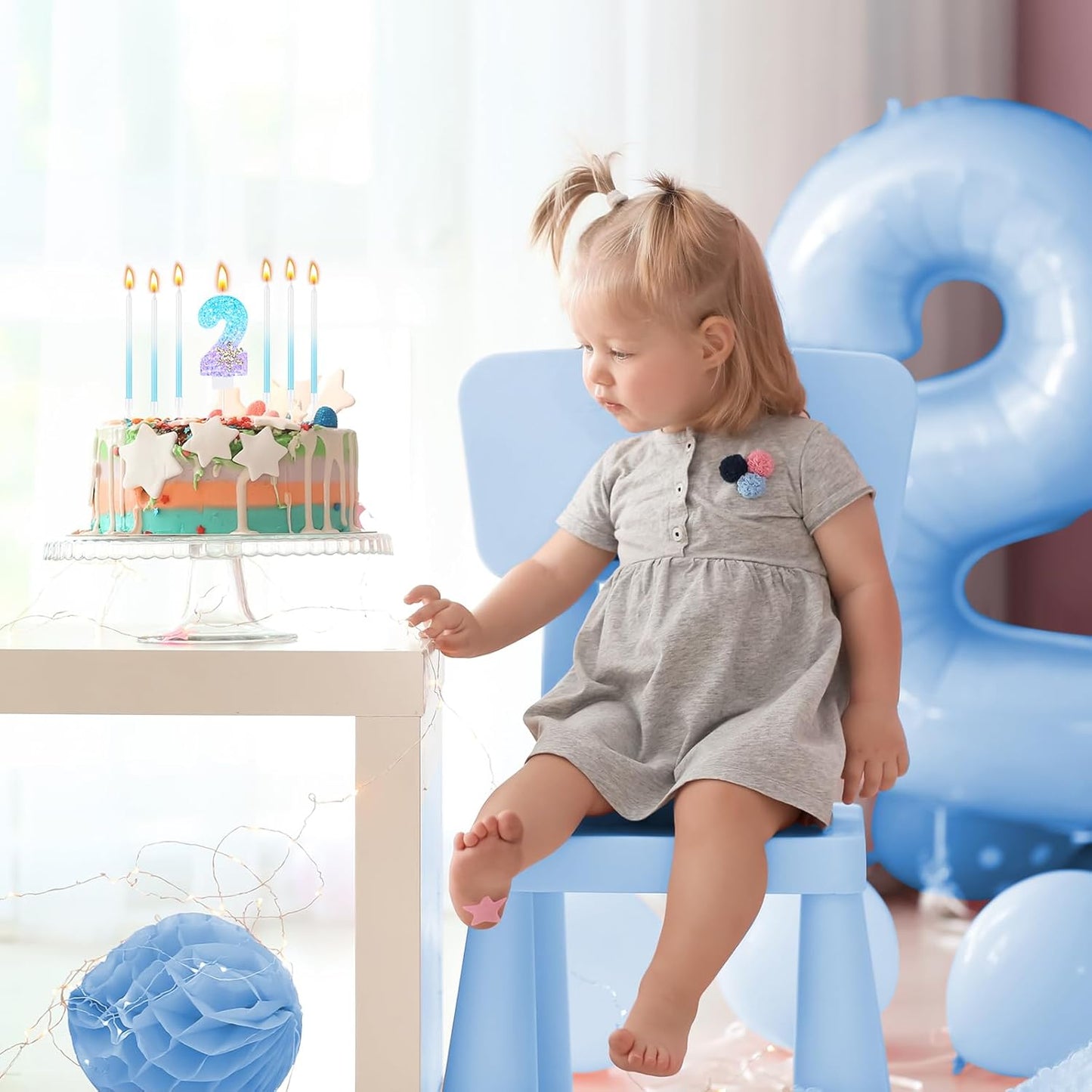 MTLEE Number 2 Birthday Candle Blue Snowflake with 6 Long Thin Cupcake Candles Blue Sparklers Glitter Number Happy Birthday Cake Topper Decorations for Winter Party Supplies