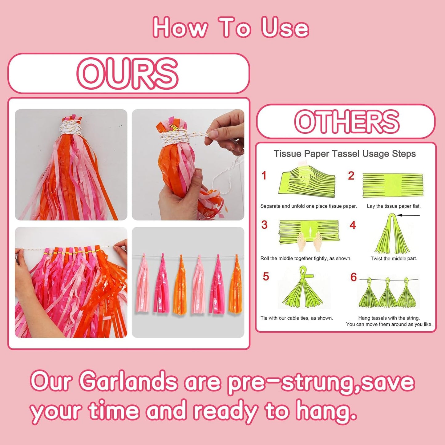 BEISHIDA 3 Packs Hot Pink Orange Metallic Foil Fringe Tassel Garland, Tassels Banner Streamers for Car Floats Bridal/Baby Shower Birthday Wedding Halloween Christmas Holiday Party Decoration