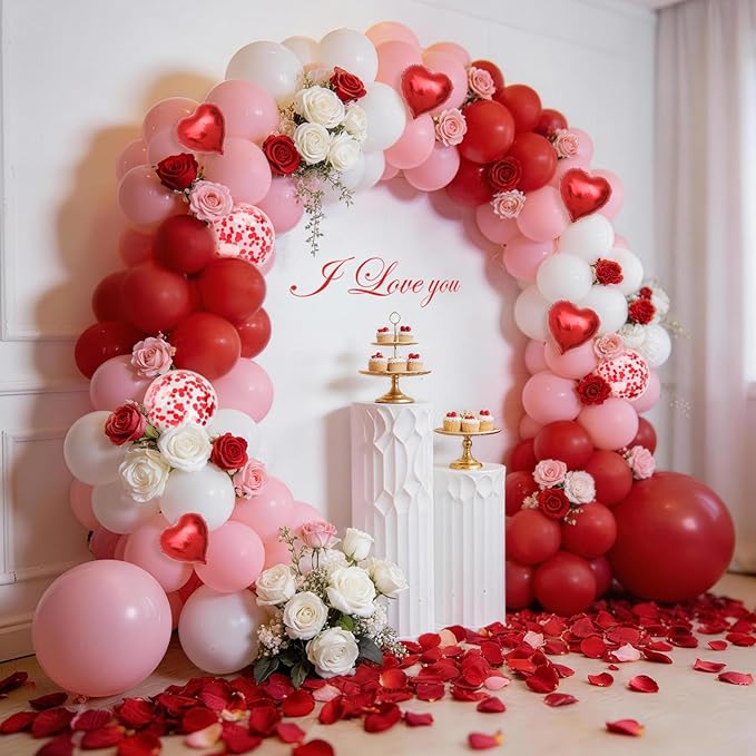 Valentines Day Balloon Arch Kit, Pink Red White Balloon Garland with 32" LOVE/ 22"Explosion Star/ 5" Heart Foil Balloon for Galentines Mothers Day Wedding Engagement Anniversary Party Decorations