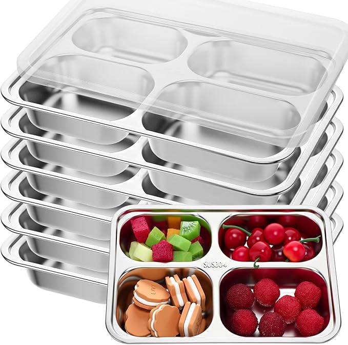 Honeydak 6 Pack Stainless Steel Snack Containers with Lids 4 Compartments Stainless Steel Lunch Box Reusable Meal Prep Lunch Containers for Home Travel Work Travel Camp Party