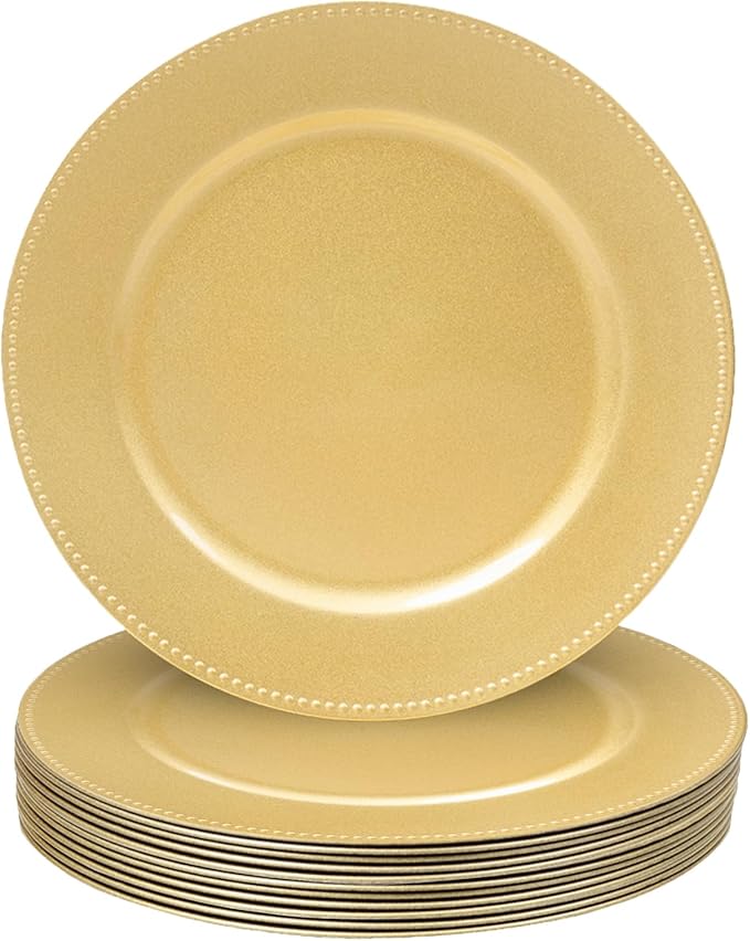 MAONAME 13" Gold Charger Plates Set of 12, Round Charger for Dinner Plates, Plate Chargers with Beaded Rim, Plastic Table Chargers for Wedding, Party