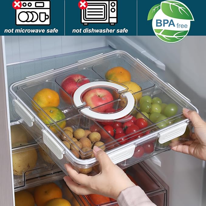 Taiuloo Divided Serving Tray with Lid & Handle, Airtight 6 Compartment Snackle Box Charcuterie Container, Fridge Organizer Bins, Food Storage Container Veggie Tray for Snack, Fruit, Candy, Nuts