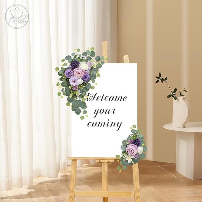 Artificial Wedding Arch Flowers for Wedding Sign,Set of 2 for Wedding Welcome Ceremony Sign,Faux Floral Swags,Wedding, Banquet and Reception Backdrop Floral Decoration (Purple)